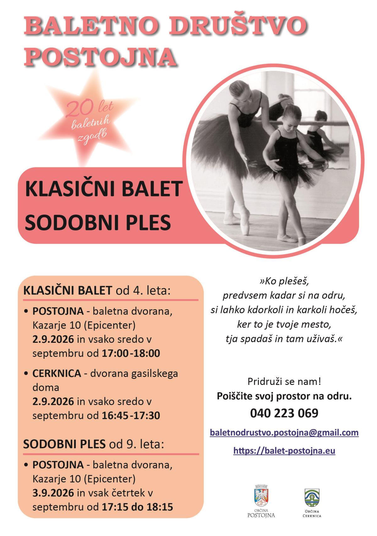 Vpis balet september 2026 Postojna